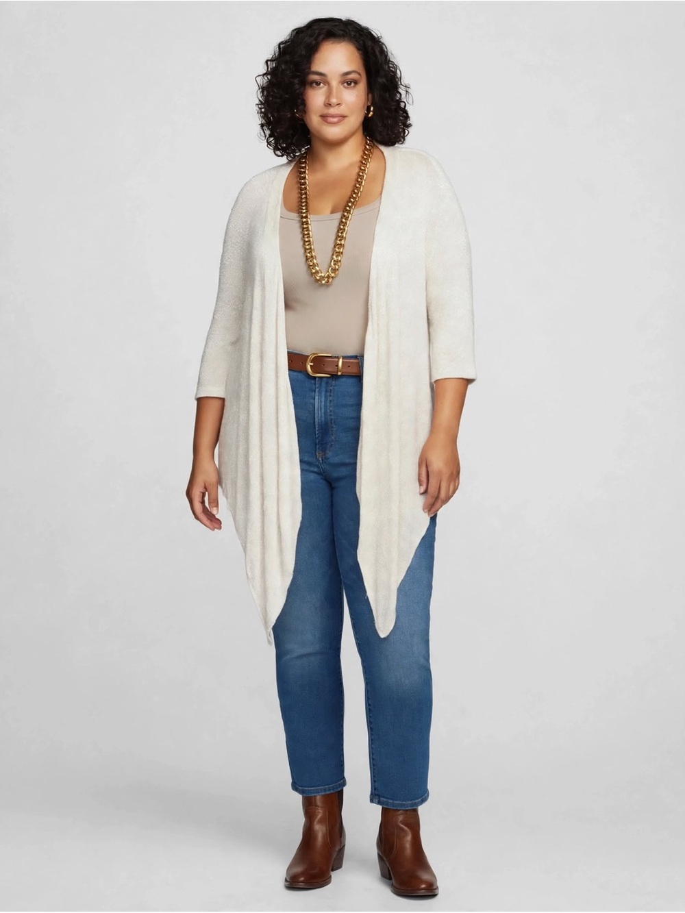 Chico's Cream Open-Front Draped Cardigan with gold inlay.